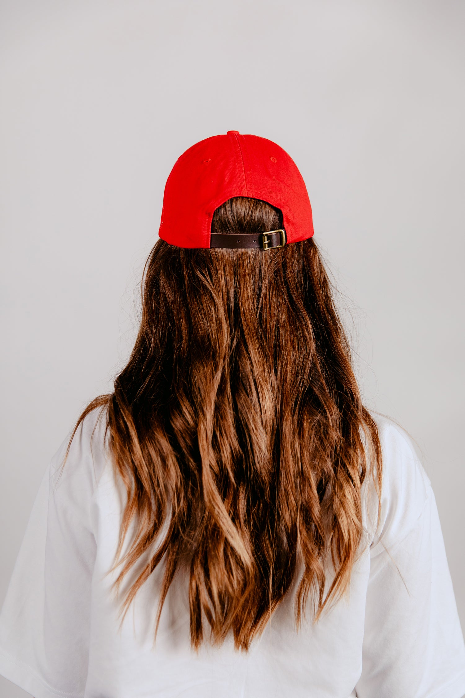 6 Panel Cap Red with Leather Back Fastening & Buckle