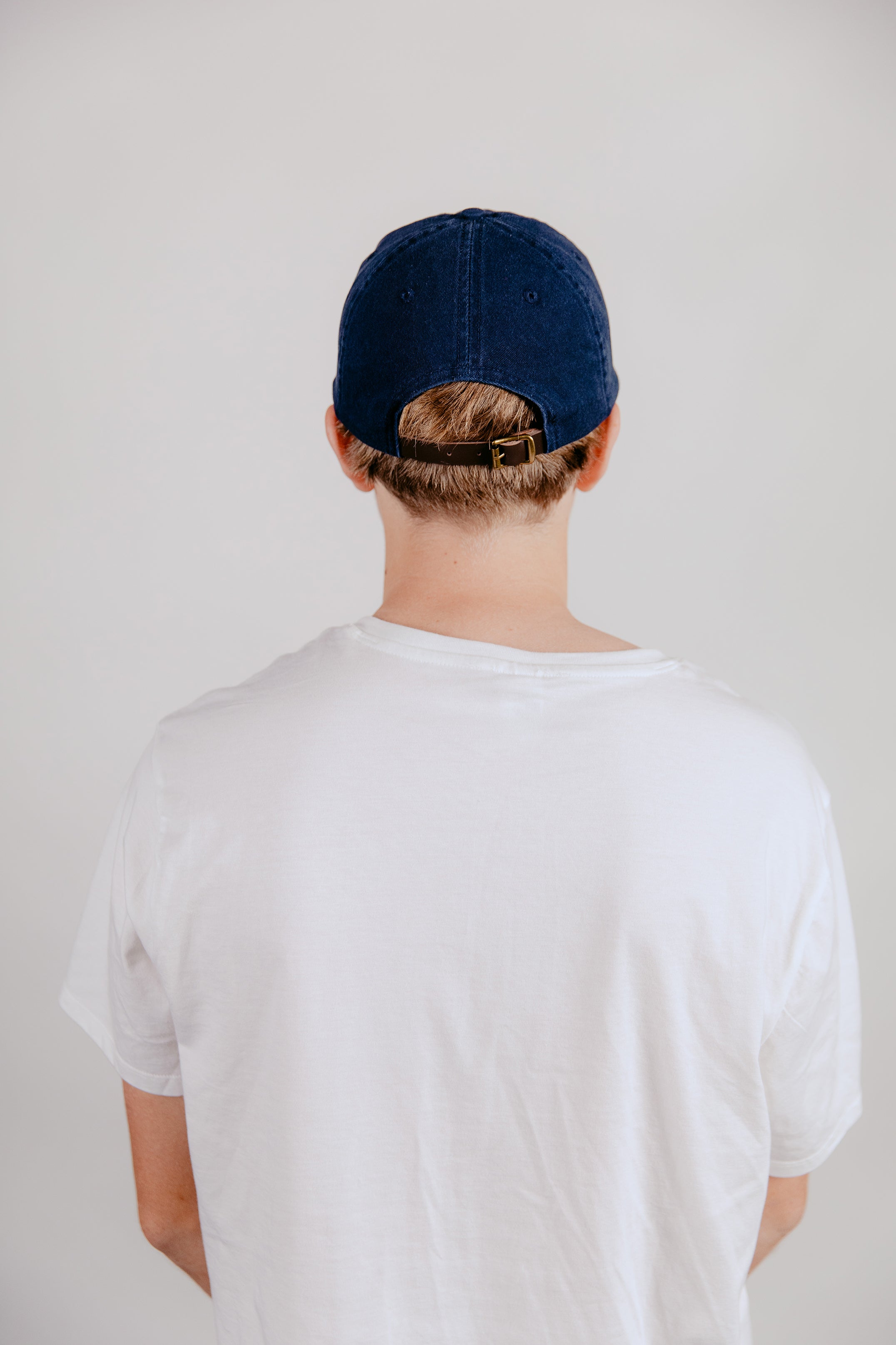 6 Panel Cap Navy with Leather Back Fastening & Buckle