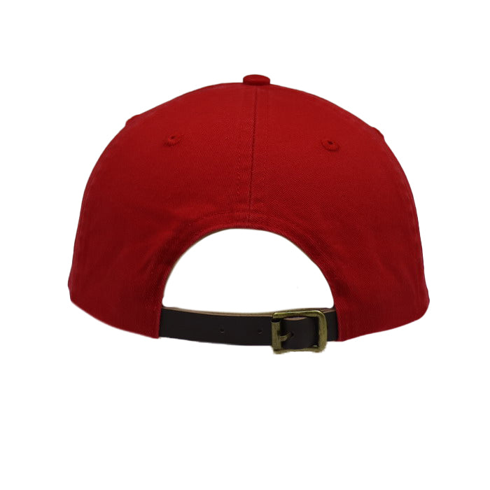 6 Panel Cap Red with Leather Back Fastening &amp; Buckle