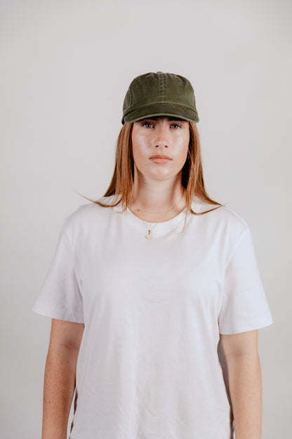6 Panel Cap Olive with Leather Back Fastening &amp; Buckle