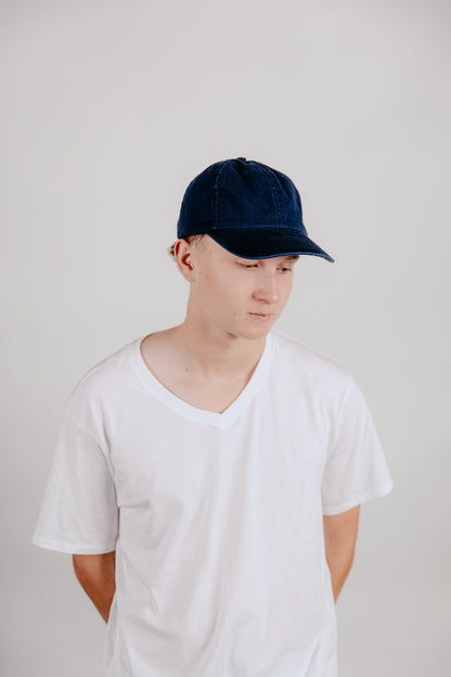 6 Panel Cap Navy with Leather Back Fastening &amp; Buckle