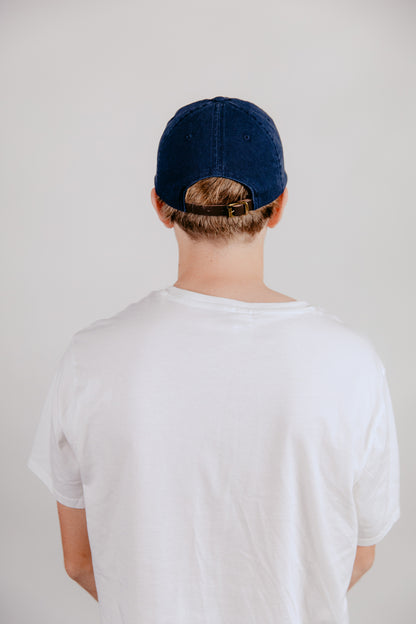 6 Panel Cap Navy with Leather Back Fastening &amp; Buckle